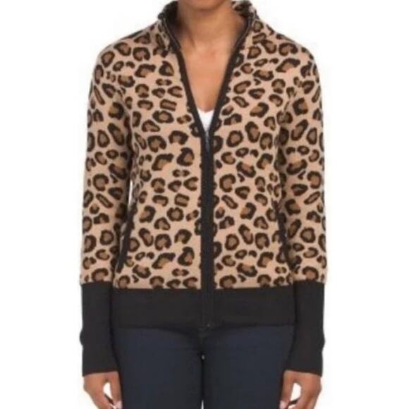 RACHEL ZOE Leopard Print Mock Neck Zip Front Cardigan Sweater Women's Size Small - Picture 1 of 10